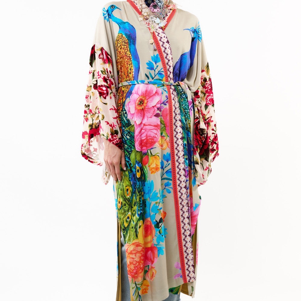 Floral Peacock Kimono Coat in Multicolor